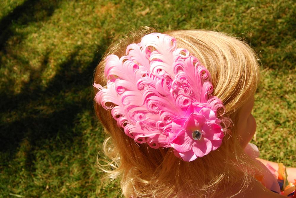 Pink Feather And Pink Flower Princess Hair Clip